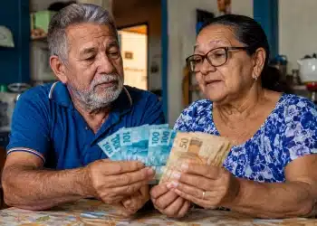Aposentados conferindo notas de reais em casa, representando os pagamentos do INSS de maio para quem recebe antes e para quem recebe mais.