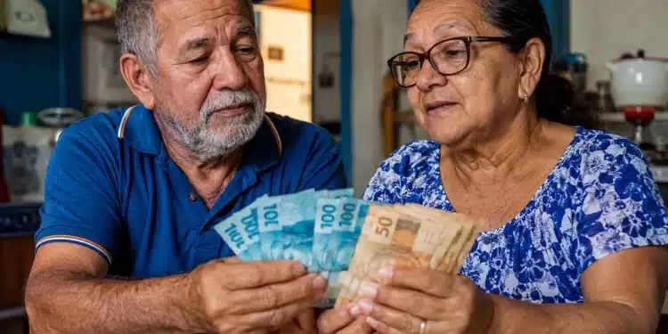 Aposentados conferindo notas de reais em casa, representando os pagamentos do INSS de maio para quem recebe antes e para quem recebe mais.