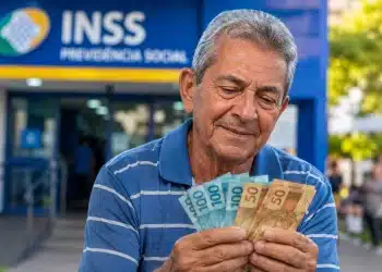 Aposentado segura cédulas de real em frente a uma agência do INSS, representando o pagamento de R$ 2.431,50 ou menos na próxima semana.