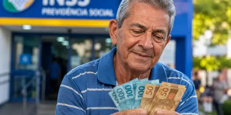 Aposentado segura cédulas de real em frente a uma agência do INSS, representando o pagamento de R$ 2.431,50 ou menos na próxima semana.