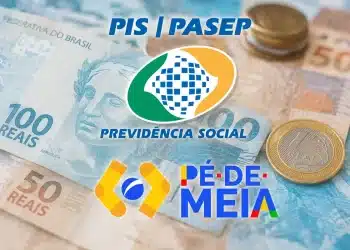 Logos do INSS, PIS/Pasep e Pé-de-Meia sobre dinheiro brasileiro, ilustrando pagamentos de maio e possíveis descontos em benefícios.