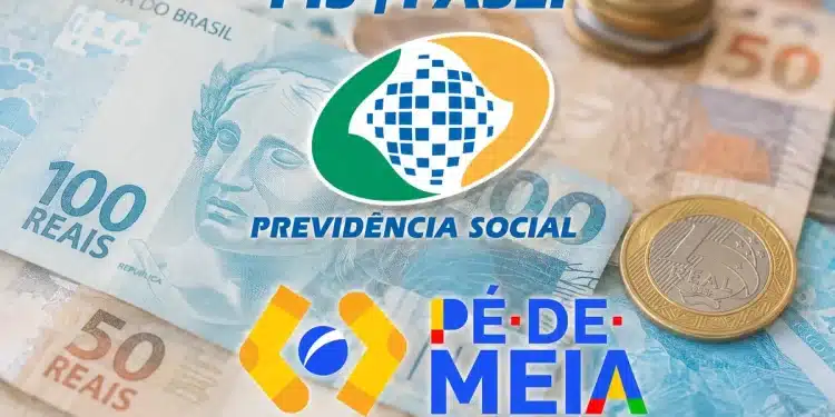 Logos do INSS, PIS/Pasep e Pé-de-Meia sobre dinheiro brasileiro, ilustrando pagamentos de maio e possíveis descontos em benefícios.