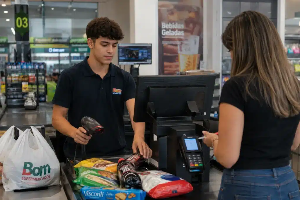 Jovem operador de caixa escaneia produtos enquanto atende cliente em supermercado