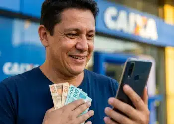 Homem consulta o celular em frente à agência da CAIXA enquanto segura notas de real, representando a liberação antecipada do Saque-Aniversário.
