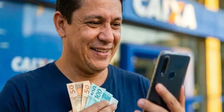 Homem consulta o celular em frente à agência da CAIXA enquanto segura notas de real, representando a liberação antecipada do Saque-Aniversário.