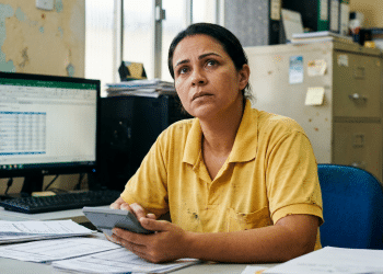 Funcionária de uniforme amarelo gasto observa o horizonte enquanto segura calculadora em escritório com paredes descascadas e arquivos antigos