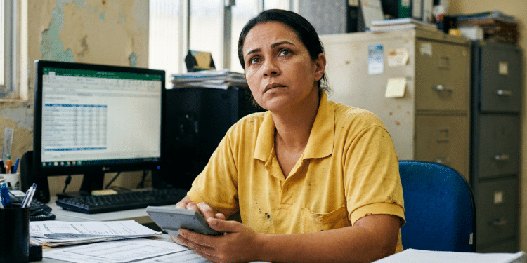Funcionária de uniforme amarelo gasto observa o horizonte enquanto segura calculadora em escritório com paredes descascadas e arquivos antigos