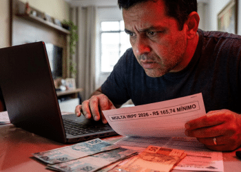Homem preocupado segura papel com aviso de multa do IRPF 2026 ao lado de notebook e cédulas sobre mesa