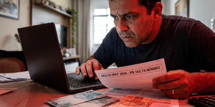 Homem preocupado segura papel com aviso de multa do IRPF 2026 ao lado de notebook e cédulas sobre mesa