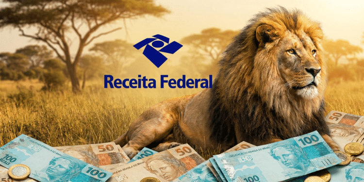 Leão símbolo da Receita Federal cercado por cédulas e moedas representando a multa do Imposto de Renda