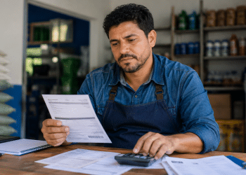 Comerciante analisa boletos e usa calculadora no balcão de um estabelecimento