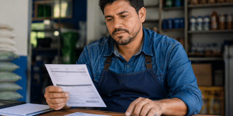Comerciante analisa boletos e usa calculadora no balcão de um estabelecimento