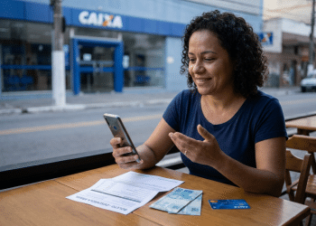Mulher utiliza celular ao lado de boleto e cédulas