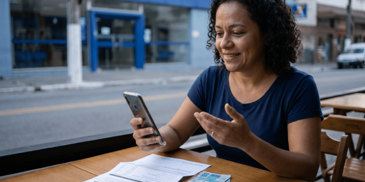 Mulher utiliza celular ao lado de boleto e cédulas