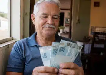 Aposentado brasileiro segura notas de R$ 100 em casa, representando o pagamento para quem recebe acima do salário mínimo a partir de 1º de junho.