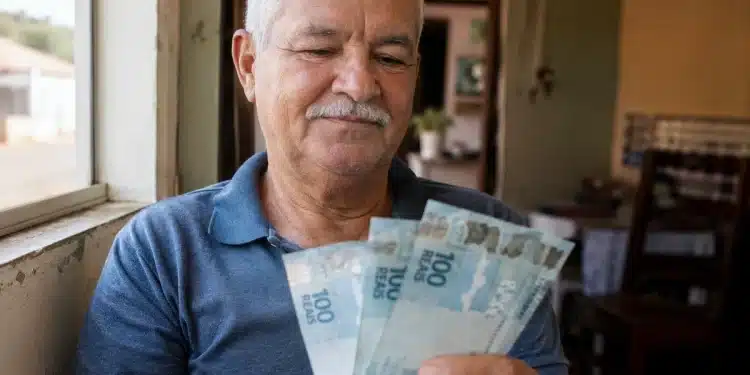 Aposentado brasileiro segura notas de R$ 100 em casa, representando o pagamento para quem recebe acima do salário mínimo a partir de 1º de junho.