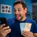 Homem sorridente consultando aplicativos no celular segurando notas de dinheiro, representando a liberação do pagamento de R$ 3.981.