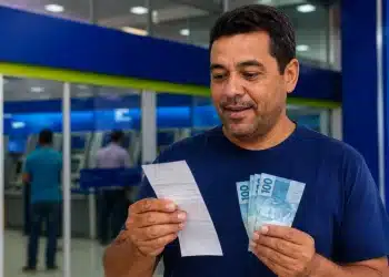 Brasileiro consulta comprovante de pagamento e segura notas de R$ 100 em agência bancária, representando o pagamento de R$ 978,01.