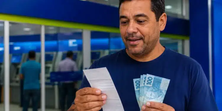 Brasileiro consulta comprovante de pagamento e segura notas de R$ 100 em agência bancária, representando o pagamento de R$ 978,01.