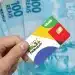 Mão segura cartão do Programa Bolsa Família com chip dourado sobre várias notas de R$100 azuis ao fundo, simbolizando o extra de R$ 300.