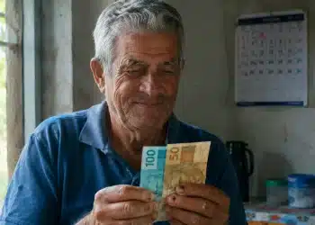 Aposentado segurando notas de dinheiro em casa, representando o pagamento do 13º salário do INSS no segundo semestre do ano.