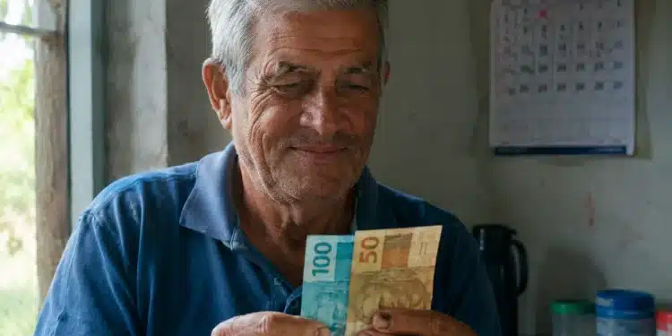 Aposentado segurando notas de dinheiro em casa, representando o pagamento do 13º salário do INSS no segundo semestre do ano.