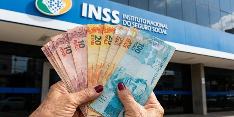 Aposentada exibe dinheiro em mãos diante da fachada azul de uma agência do INSS em dia ensolarado.