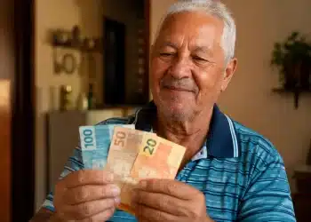 Aposentado segurando notas de real em casa, representando a liberação do pagamento de R$ 2.431,50 do INSS nesta semana, de 25 a 29/05.
