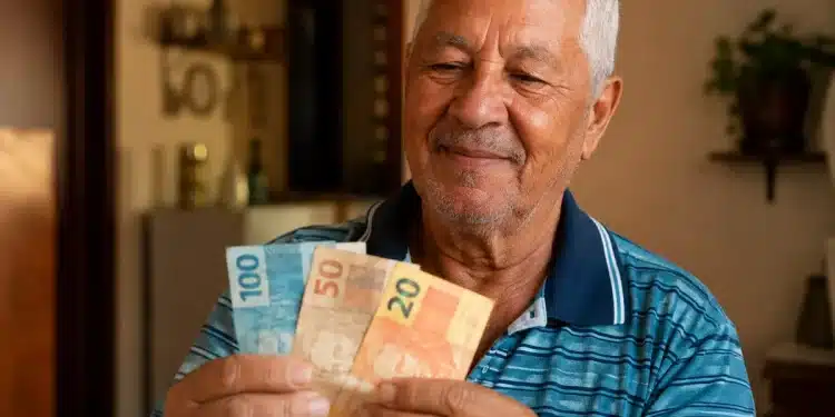 Aposentado segurando notas de real em casa, representando a liberação do pagamento de R$ 2.431,50 do INSS nesta semana, de 25 a 29/05.