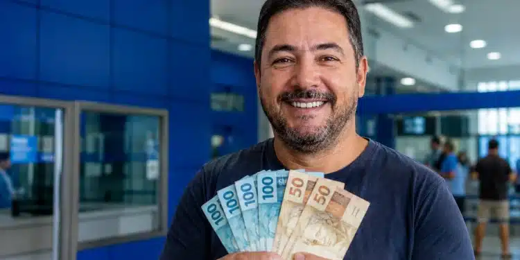 Homem segurando notas de R$ 100 e R$ 50 em agência bancária, representando pagamento liberado de até R$ 6.220 para CPFs com finais de 0 a 9.