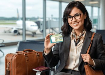 Mulher executiva sorri ao mostrar a Carteira de Identidade Nacional em sala de embarque de aeroporto com mala e passaporte