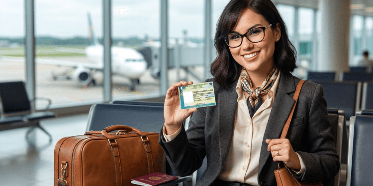 Mulher executiva sorri ao mostrar a Carteira de Identidade Nacional em sala de embarque de aeroporto com mala e passaporte
