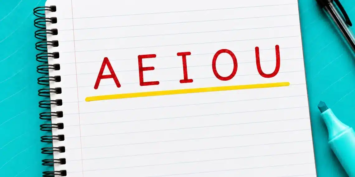 Caderno com as vogais A E I O U destacadas, representando a palavra “piauiense”, que conta com cinco vogais.