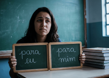 Mulher segura duas lousas pequenas com as expressões "para eu" e "para mim" escritas a giz