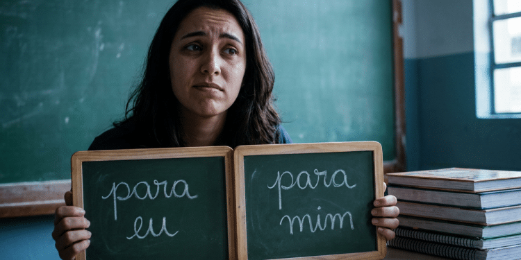 Mulher segura duas lousas pequenas com as expressões "para eu" e "para mim" escritas a giz