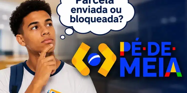 Estudante brasileiro pensativo com balão perguntando se a parcela do Pé-de-Meia de maio foi enviada ou bloqueada