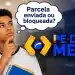 Estudante brasileiro pensativo com balão perguntando se a parcela do Pé-de-Meia de maio foi enviada ou bloqueada