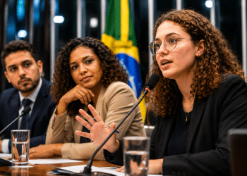 Três pessoas participam de uma mesa de debate com microfones em uma sessão no Congresso