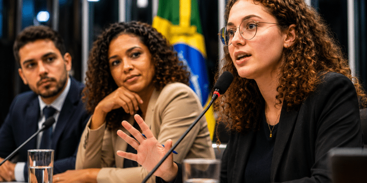 Três pessoas participam de uma mesa de debate com microfones em uma sessão no Congresso