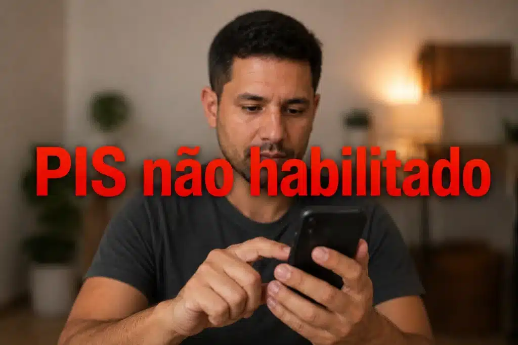 Homem consultando o celular com destaque para a mensagem "PIS não habilitado".