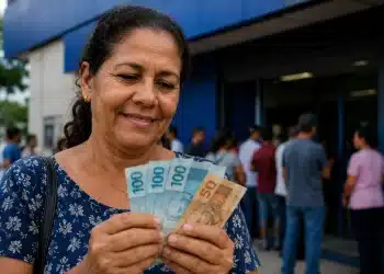 Mulher segurando cédulas de real em frente a banco, simbolizando prazo final para solicitar pagamento de R$ 2,9 mil.