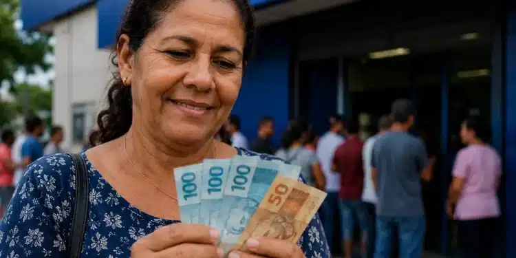 Mulher segurando cédulas de real em frente a banco, simbolizando prazo final para solicitar pagamento de R$ 2,9 mil.
