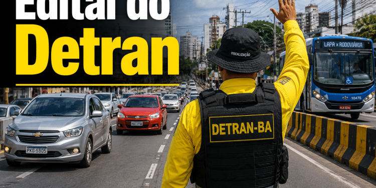 Agente do DETRAN-BA com colete amarelo e chapéu de fiscalização ergue a mão para orientar veículos em avenida de Salvador