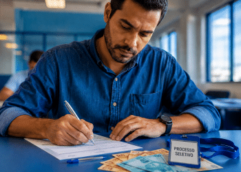 Homem de camisa azul preenche formulário com caneta em mesa azul, com notas de reais e crachá de processo seletivo.