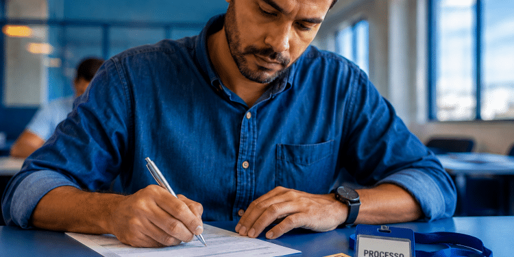 Homem de camisa azul preenche formulário com caneta em mesa azul, com notas de reais e crachá de processo seletivo.