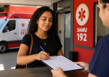 Mulher de cabelos cacheados preenche ficha com caneta azul enquanto atendente de uniforme azul segura prancheta em unidade do SAMU 192.