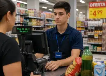 Jovem atendente de loja e mercado operando caixa durante atendimento a cliente em supermercado.