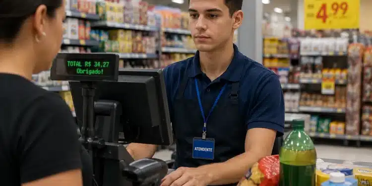 Jovem atendente de loja e mercado operando caixa durante atendimento a cliente em supermercado.