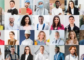 Colagem com 28 retratos de trabalhadores de diferentes profissões: médicos, engenheiros, entregadores, executivos e operários