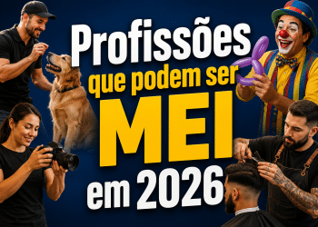Adestrador, fotógrafa, palhaço e cabeleireiro representando profissões permitidas no MEI 2026.